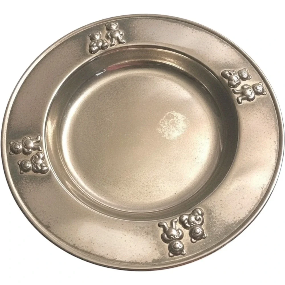 Vintage Silver Plated Teddy Bear Baby Plate Embossed Nursery Keepsake‎ 7.25 Inch